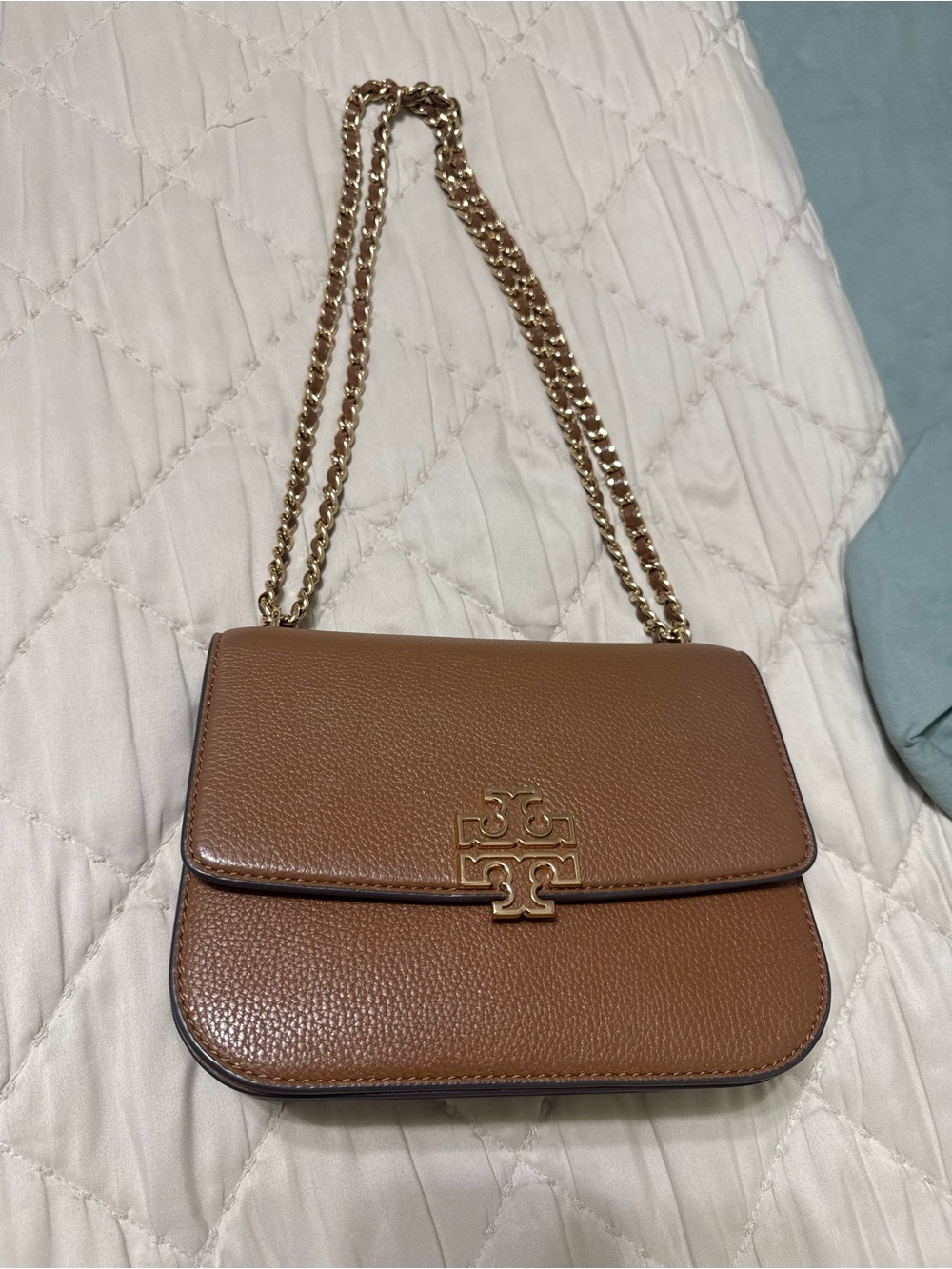 Tory Burch Brown Pebbled Leather Shoulder Bag with Gold Chain